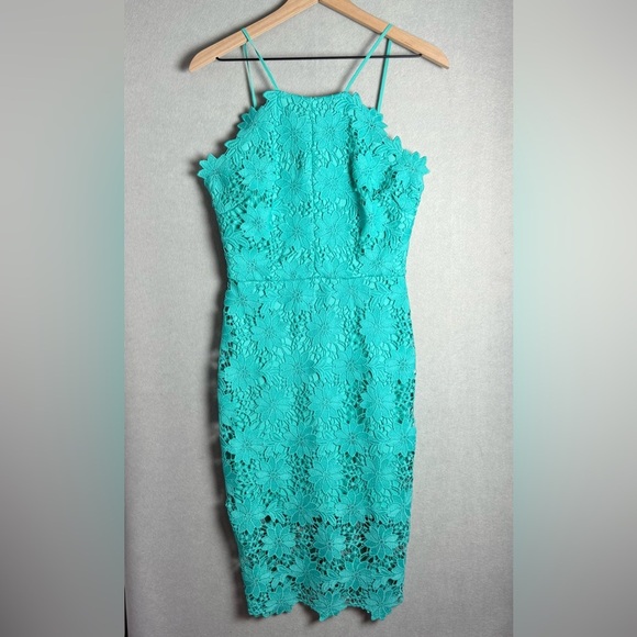 Bisou Bisou Women’s Guipure Lace High Neck Floral Dress Size 4 Teal Blue Party - Picture 1 of 12